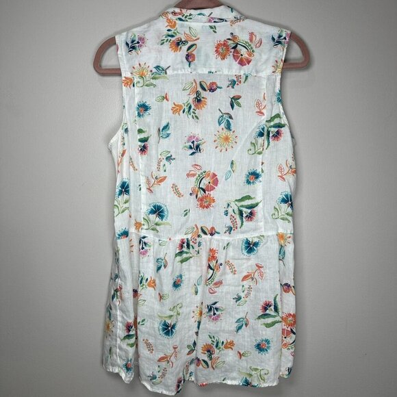 J Jill Love Linen White Floral Button Front Tunic Top Size Medium Sleeveless - Picture 9 of 10